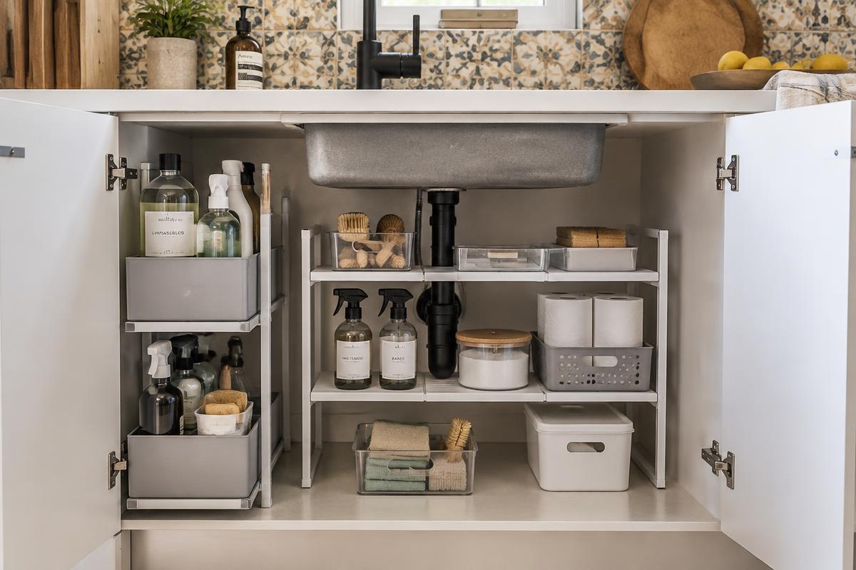 Mueble bajo fregadero con estante en U alrededor del sifón, cajones extraíbles y cestas de limpieza