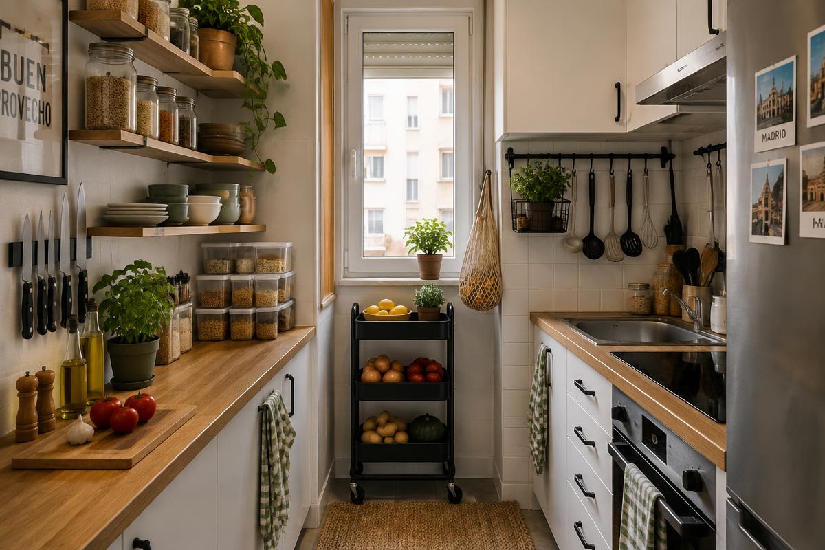 Cocina estrecha con baldas de madera, barra magnética de cuchillos, riel de utensilios y carrito auxiliar