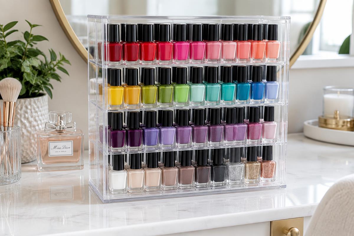 Organizador acrílico transparente con esmaltes de uñas ordenados por colores en un tocador