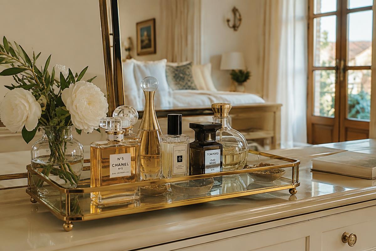 Bandeja dorada de tocador con perfumes organizados junto a un espejo y flores blancas
