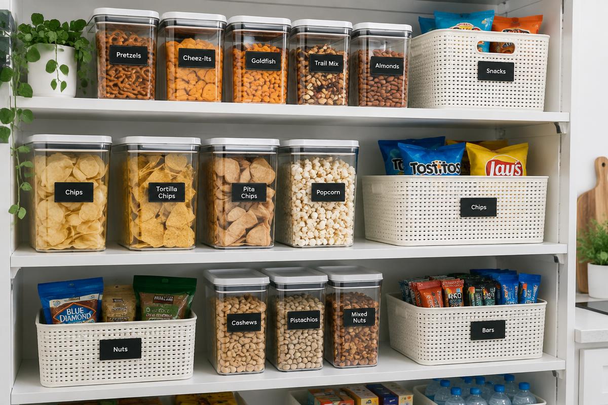 Despensa con snacks organizados en tarros herméticos etiquetados y cestas blancas