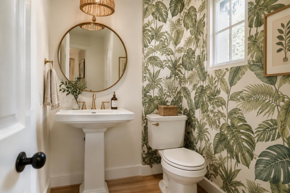 Aseo pequeño con papel pintado botánico de hojas tropicales en tonos verdes, lavabo blanco de pedestal y espejo redondo dorado