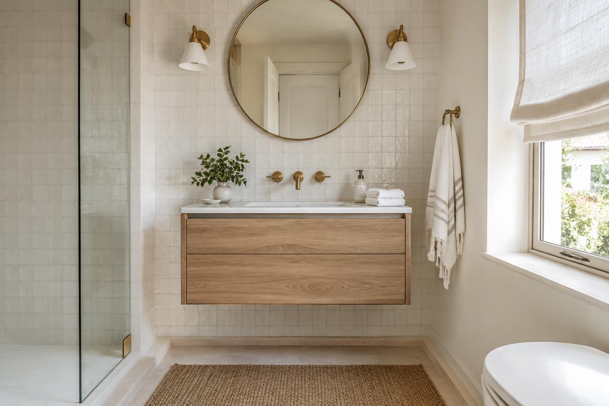 Baño con papel pintado imitación zellige blanco detrás del mueble de lavabo de madera, grifería dorada y espejo redondo